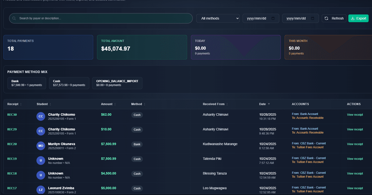 Transactions dashboard showing payment history and financial activity.